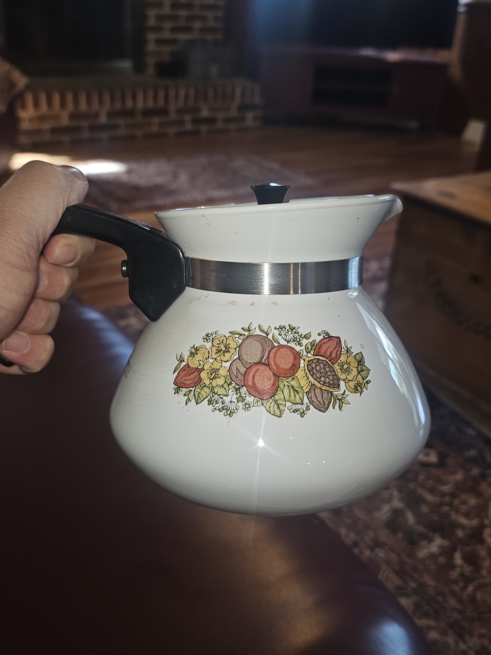 Vintage 1970's Corningware White Pyroceram Teapot With Black Handle